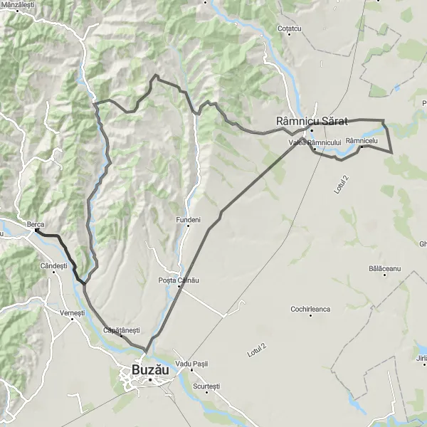 Map miniature of "Berca Circuit" cycling inspiration in Sud-Est, Romania. Generated by Tarmacs.app cycling route planner