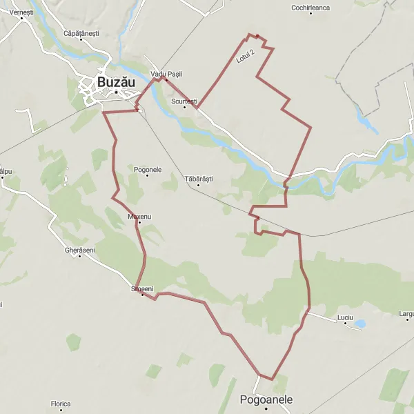 Map miniature of "Boboc to Albești Gravel Route" cycling inspiration in Sud-Est, Romania. Generated by Tarmacs.app cycling route planner