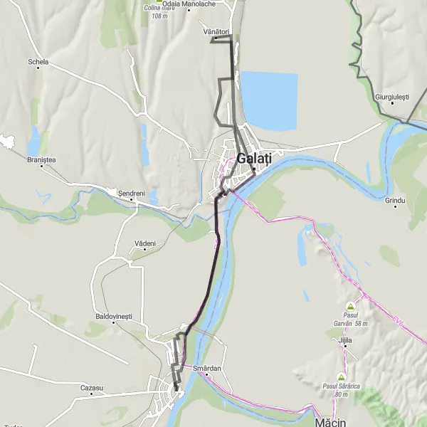 Map miniature of "Galați Discovery" cycling inspiration in Sud-Est, Romania. Generated by Tarmacs.app cycling route planner