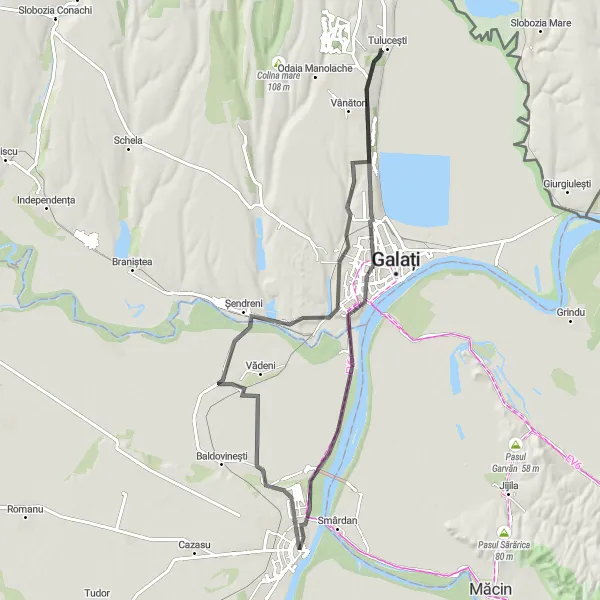 Map miniature of "Tulucești Odyssey" cycling inspiration in Sud-Est, Romania. Generated by Tarmacs.app cycling route planner