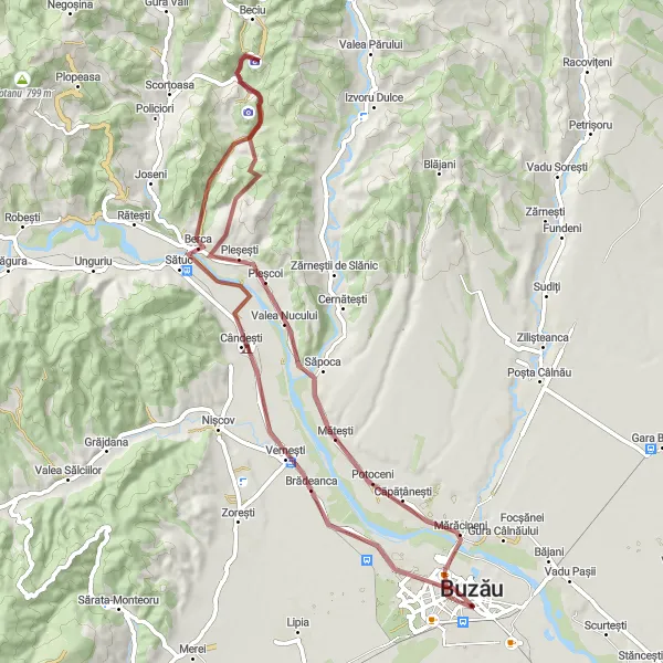 Map miniature of "Gravel Adventure" cycling inspiration in Sud-Est, Romania. Generated by Tarmacs.app cycling route planner