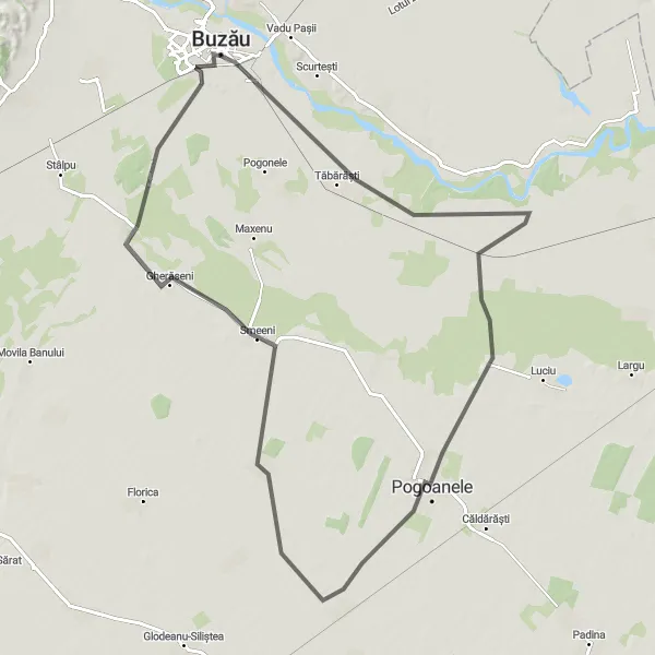 Map miniature of "Buzău to Pogoanele Route" cycling inspiration in Sud-Est, Romania. Generated by Tarmacs.app cycling route planner