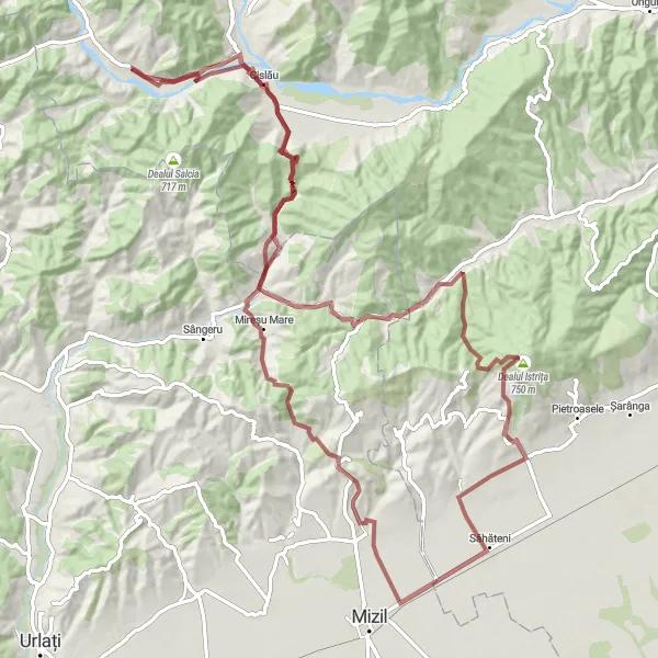 Map miniature of "Gravel Adventure through Istrița Hills" cycling inspiration in Sud-Est, Romania. Generated by Tarmacs.app cycling route planner