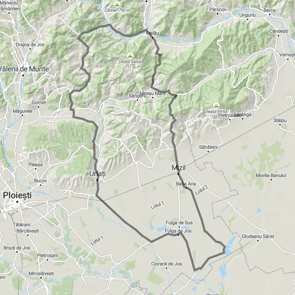 Map miniature of "Scenic Countryside Ride" cycling inspiration in Sud-Est, Romania. Generated by Tarmacs.app cycling route planner