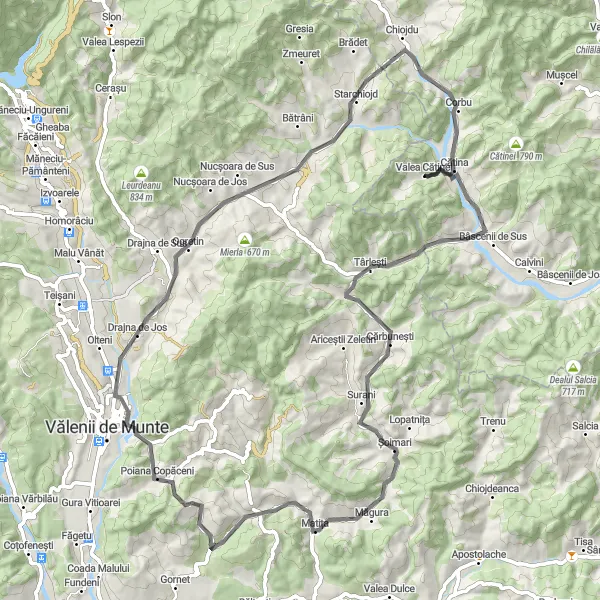 Map miniature of "Scenic Road Cycling in Starchiojd" cycling inspiration in Sud-Est, Romania. Generated by Tarmacs.app cycling route planner