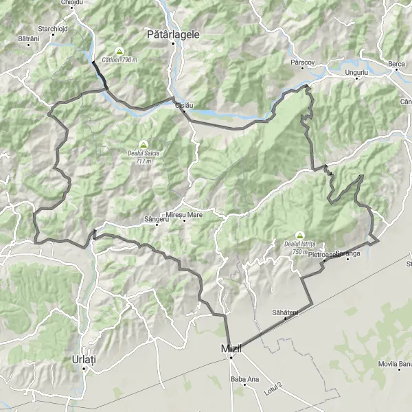 Map miniature of "The Băscenii Circuit" cycling inspiration in Sud-Est, Romania. Generated by Tarmacs.app cycling route planner