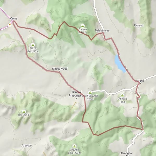 Map miniature of "Cerna Gravel Adventure" cycling inspiration in Sud-Est, Romania. Generated by Tarmacs.app cycling route planner