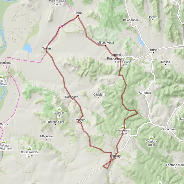 Map miniature of "Cerna Gravel Adventure" cycling inspiration in Sud-Est, Romania. Generated by Tarmacs.app cycling route planner