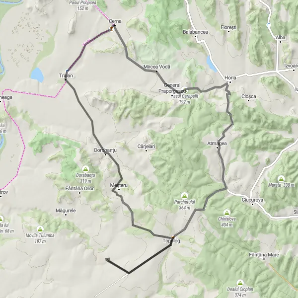 Map miniature of "Cerna Road Odyssey" cycling inspiration in Sud-Est, Romania. Generated by Tarmacs.app cycling route planner