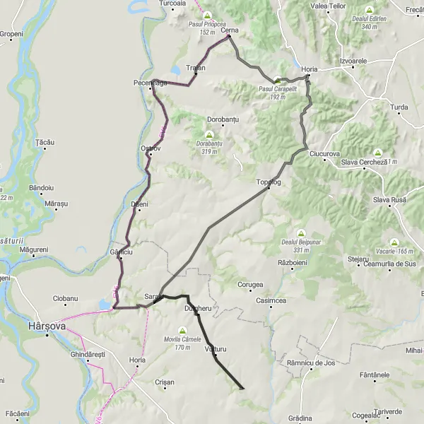 Map miniature of "Cerna to Movila Vulturu round-trip" cycling inspiration in Sud-Est, Romania. Generated by Tarmacs.app cycling route planner