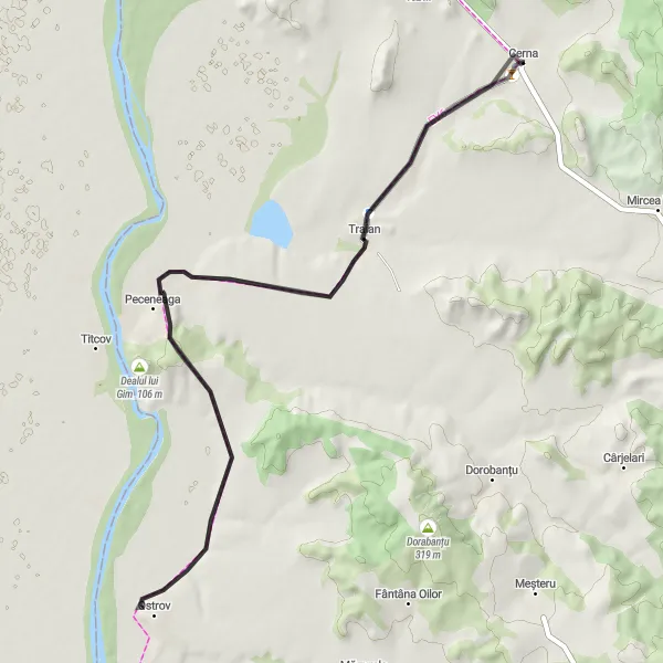 Map miniature of "Cerna Road Escape" cycling inspiration in Sud-Est, Romania. Generated by Tarmacs.app cycling route planner