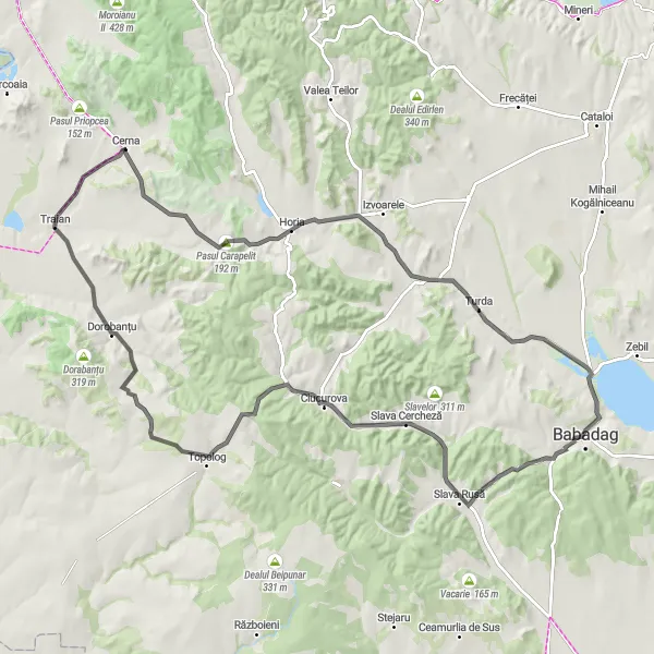 Map miniature of "Cerna to Babadag round-trip" cycling inspiration in Sud-Est, Romania. Generated by Tarmacs.app cycling route planner