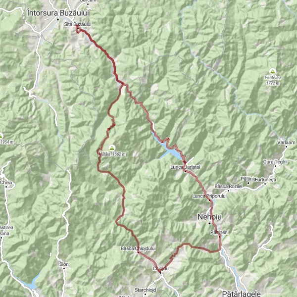 Map miniature of "Gravel Adventure to Siriului Gorge" cycling inspiration in Sud-Est, Romania. Generated by Tarmacs.app cycling route planner