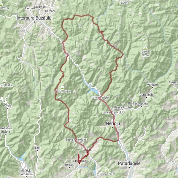 Map miniature of "Gravel Adventure: Chiojdu to Cașoca" cycling inspiration in Sud-Est, Romania. Generated by Tarmacs.app cycling route planner