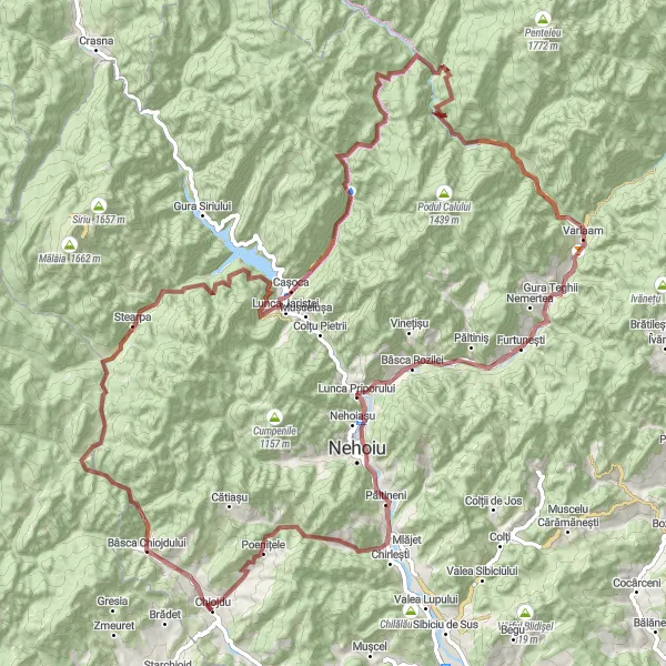 Map miniature of "Challenging Gravel Loop: Bâsca Chiojdului" cycling inspiration in Sud-Est, Romania. Generated by Tarmacs.app cycling route planner