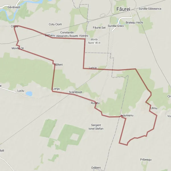 Map miniature of "Discover Hidden Gems on Gravel Trails" cycling inspiration in Sud-Est, Romania. Generated by Tarmacs.app cycling route planner