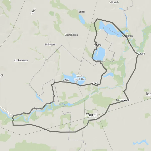 Map miniature of "Cilibia-Movila visani-Surdila-Greci-Movila faurei-Mânzu" cycling inspiration in Sud-Est, Romania. Generated by Tarmacs.app cycling route planner