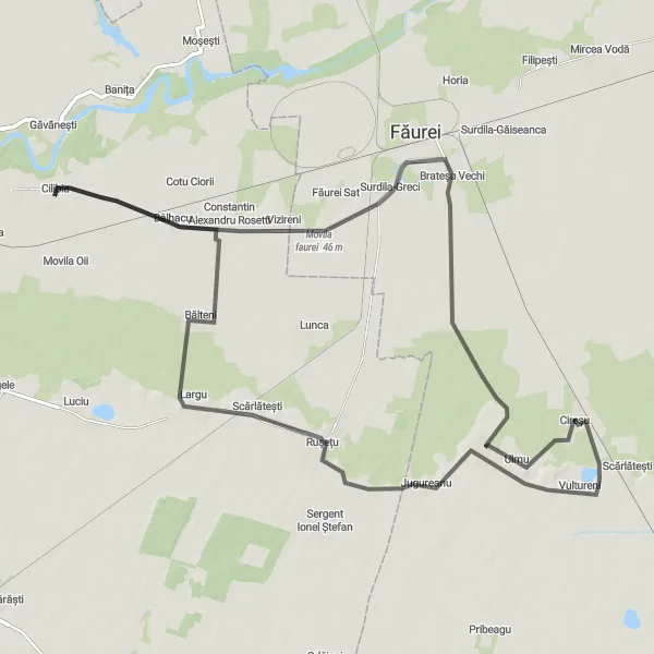 Map miniature of "The Cilibia Loop" cycling inspiration in Sud-Est, Romania. Generated by Tarmacs.app cycling route planner