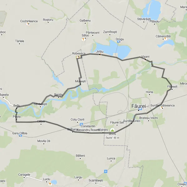 Map miniature of "Cilibia-Movila visani-Surdila-Greci-Mânzu" cycling inspiration in Sud-Est, Romania. Generated by Tarmacs.app cycling route planner