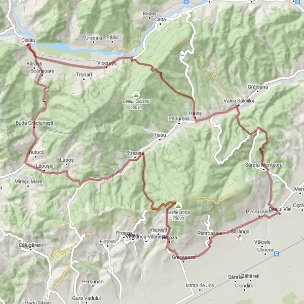 Map miniature of "The Gravel Adventure" cycling inspiration in Sud-Est, Romania. Generated by Tarmacs.app cycling route planner