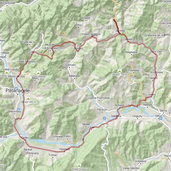 Map miniature of "Explore the Gravel Paths of Cislău" cycling inspiration in Sud-Est, Romania. Generated by Tarmacs.app cycling route planner