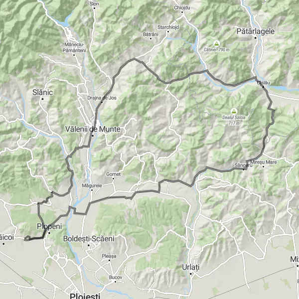 Map miniature of "The Thrilling Valleys of Vălenii de Munte" cycling inspiration in Sud-Est, Romania. Generated by Tarmacs.app cycling route planner