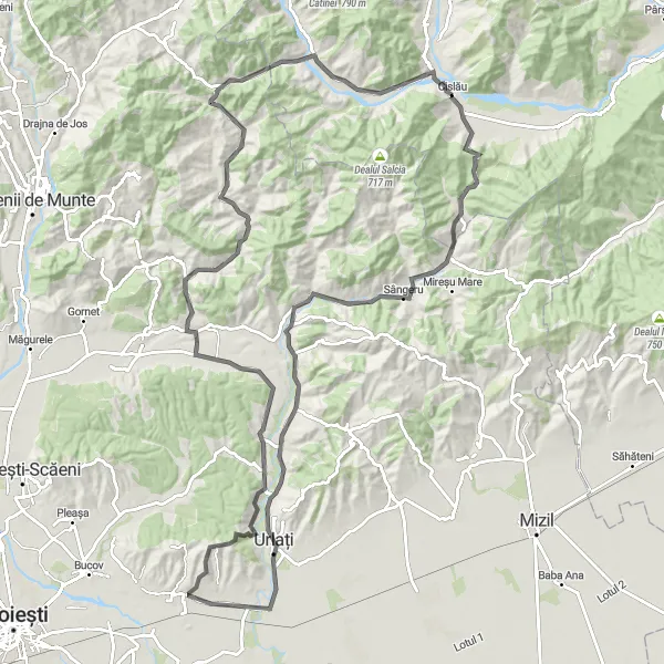 Map miniature of "The Paleologu Discovery" cycling inspiration in Sud-Est, Romania. Generated by Tarmacs.app cycling route planner