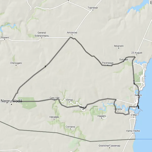 Map miniature of "Challenging Road Ride with Coastal Gems" cycling inspiration in Sud-Est, Romania. Generated by Tarmacs.app cycling route planner