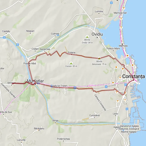 Map miniature of "The Gravel Adventure" cycling inspiration in Sud-Est, Romania. Generated by Tarmacs.app cycling route planner