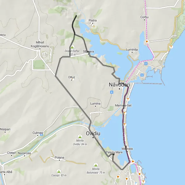 Map miniature of "Picturesque Road Cycling Route" cycling inspiration in Sud-Est, Romania. Generated by Tarmacs.app cycling route planner