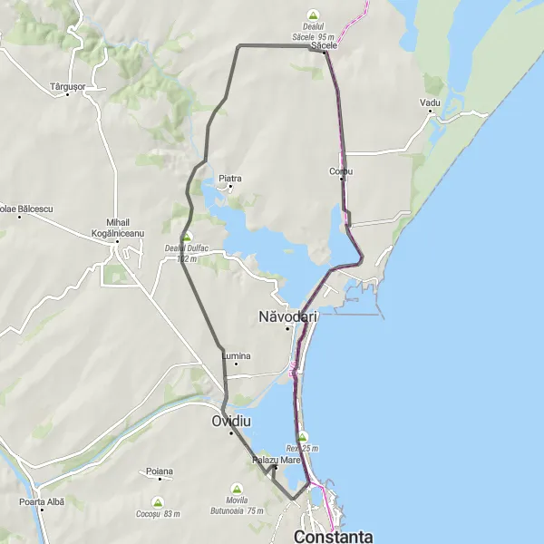 Map miniature of "Challenging Road Cycling Route" cycling inspiration in Sud-Est, Romania. Generated by Tarmacs.app cycling route planner