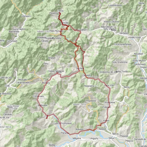 Map miniature of "Road to the Monastery" cycling inspiration in Sud-Est, Romania. Generated by Tarmacs.app cycling route planner