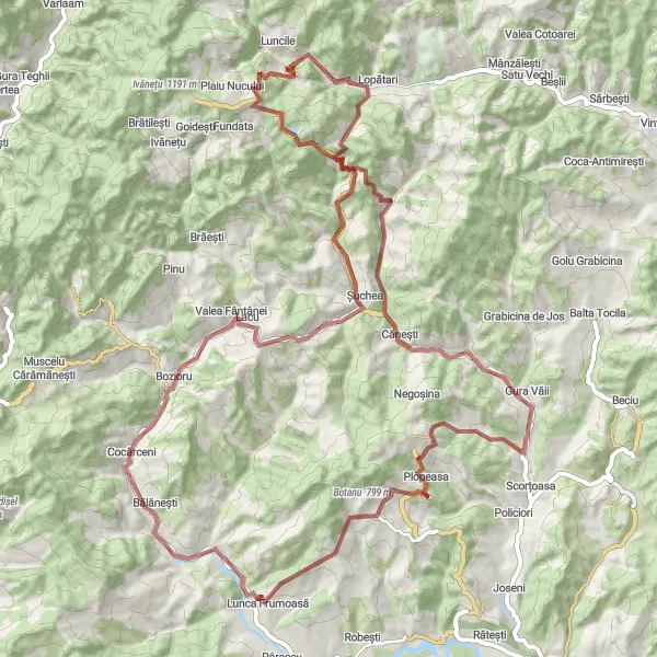 Map miniature of "Thrilling Gravel Adventure in Cozieni" cycling inspiration in Sud-Est, Romania. Generated by Tarmacs.app cycling route planner