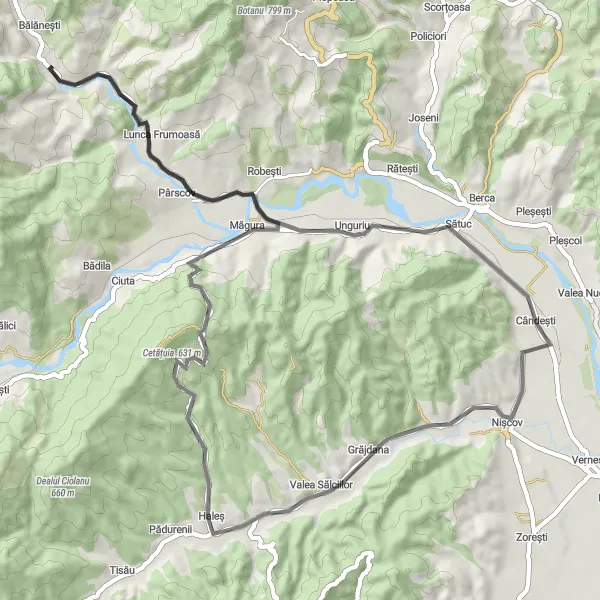 Map miniature of "Discover Hidden Gems" cycling inspiration in Sud-Est, Romania. Generated by Tarmacs.app cycling route planner