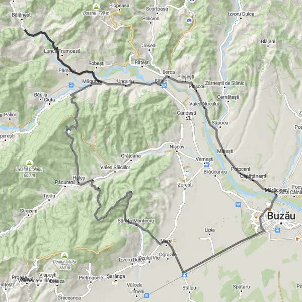 Map miniature of "The Monteoru Loop" cycling inspiration in Sud-Est, Romania. Generated by Tarmacs.app cycling route planner