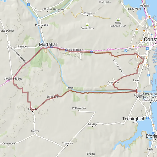 Map miniature of "Cumpăna - Agigea" cycling inspiration in Sud-Est, Romania. Generated by Tarmacs.app cycling route planner