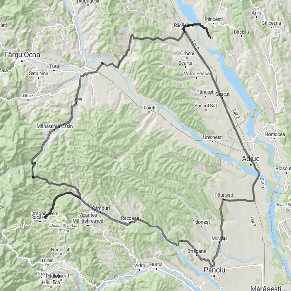 Map miniature of "Răstoaca Loop" cycling inspiration in Sud-Est, Romania. Generated by Tarmacs.app cycling route planner