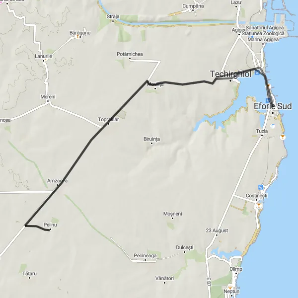 Map miniature of "Seaside Rendezvous: Techirghiol and Topraisar" cycling inspiration in Sud-Est, Romania. Generated by Tarmacs.app cycling route planner