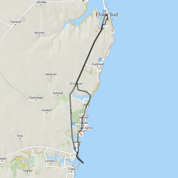 Map miniature of "Seaside Cultural Excursion" cycling inspiration in Sud-Est, Romania. Generated by Tarmacs.app cycling route planner