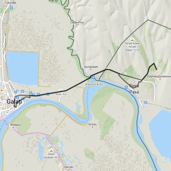 Map miniature of "Riverside Beauty: Sivița, Giurgiulești, Reni, and Galați" cycling inspiration in Sud-Est, Romania. Generated by Tarmacs.app cycling route planner