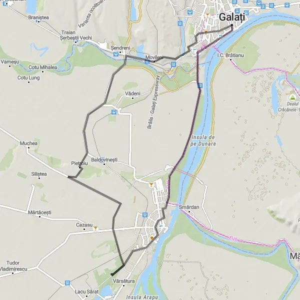 Map miniature of "Riverside Ride" cycling inspiration in Sud-Est, Romania. Generated by Tarmacs.app cycling route planner