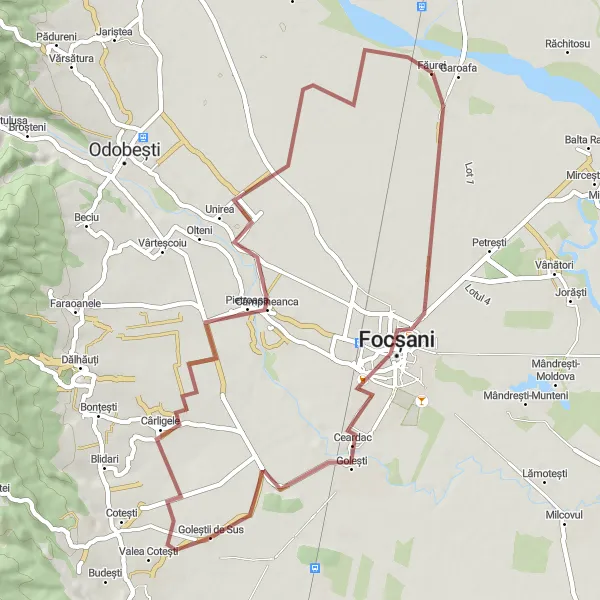 Map miniature of "Off the Beaten Path Gravel Ride" cycling inspiration in Sud-Est, Romania. Generated by Tarmacs.app cycling route planner