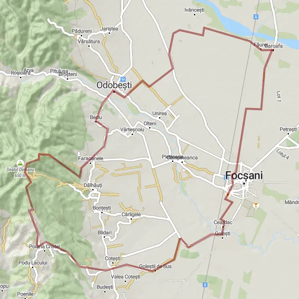 Map miniature of "Gravel Serenity in Golești" cycling inspiration in Sud-Est, Romania. Generated by Tarmacs.app cycling route planner