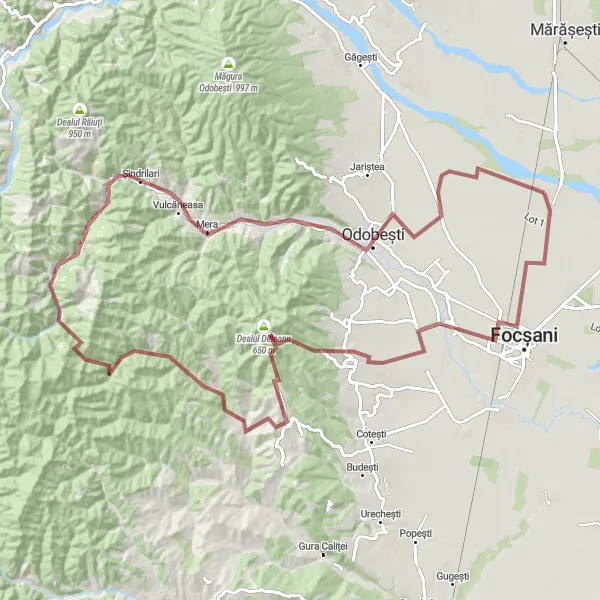 Map miniature of "The Gravel Adventure" cycling inspiration in Sud-Est, Romania. Generated by Tarmacs.app cycling route planner