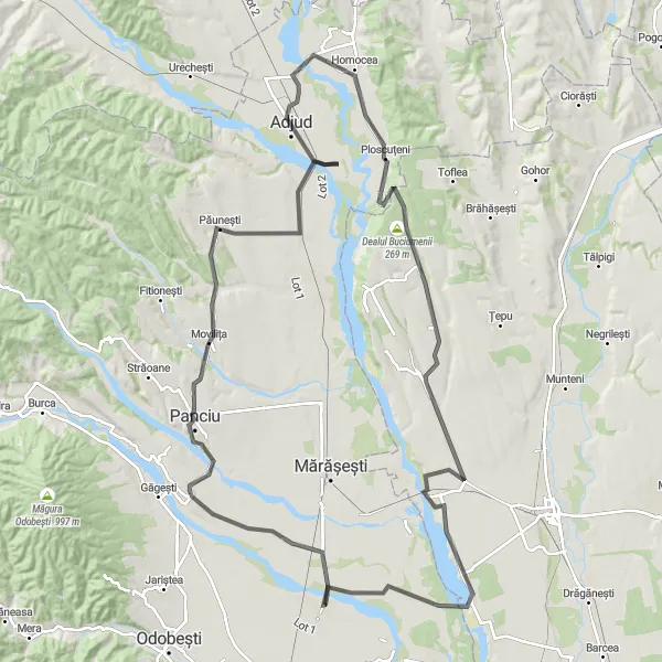 Map miniature of "Challenging Hill Climbs" cycling inspiration in Sud-Est, Romania. Generated by Tarmacs.app cycling route planner