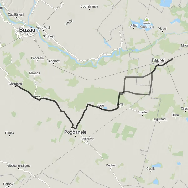 Map miniature of "The Pogoanele Loop" cycling inspiration in Sud-Est, Romania. Generated by Tarmacs.app cycling route planner