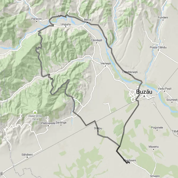 Map miniature of "Sud-Est Adventure from Gherăseni to Haleș" cycling inspiration in Sud-Est, Romania. Generated by Tarmacs.app cycling route planner