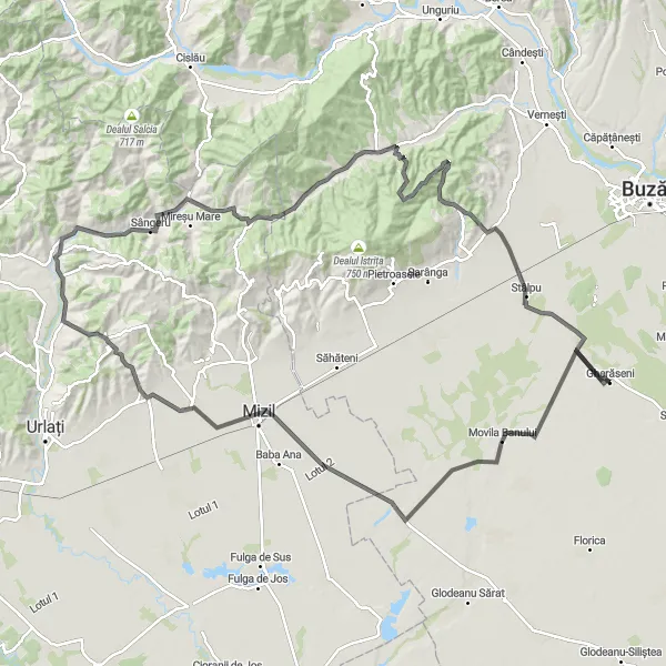 Map miniature of "Scenic Ride from Gherăseni to Sărata-Monteoru" cycling inspiration in Sud-Est, Romania. Generated by Tarmacs.app cycling route planner