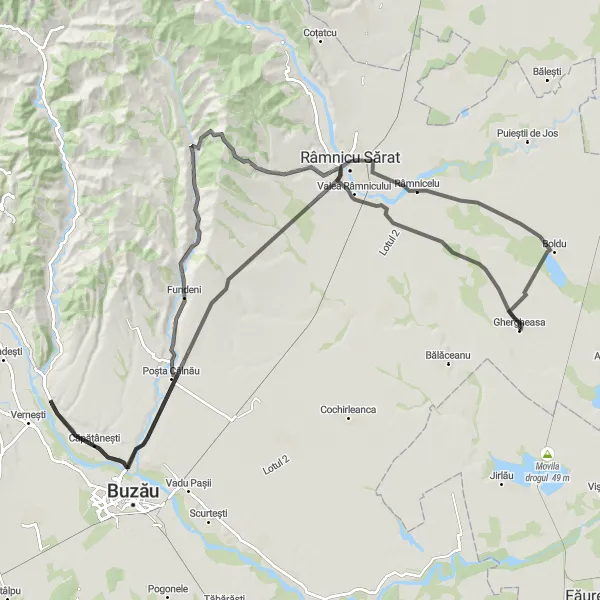 Map miniature of "The Rolling Hills of Ghergheasa" cycling inspiration in Sud-Est, Romania. Generated by Tarmacs.app cycling route planner