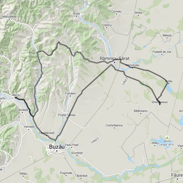 Map miniature of "Challenge Yourself on the Scenic Road to Berca" cycling inspiration in Sud-Est, Romania. Generated by Tarmacs.app cycling route planner